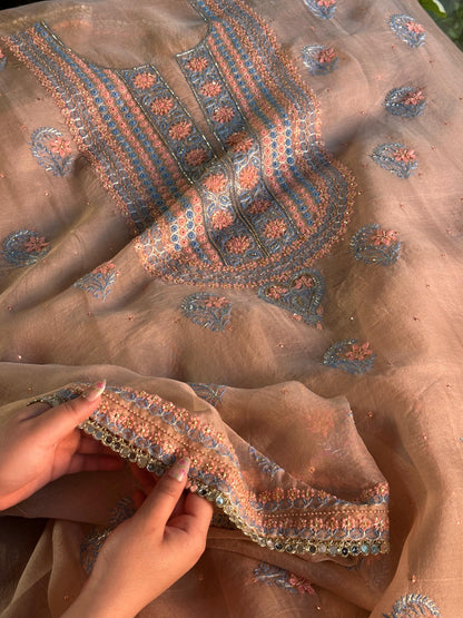 Peach Shade Noor Organza Silk Chikankari Unstitched Kurta Dupatta Set