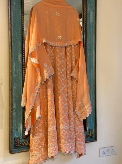 SAFFRON PEACH TUKDI CHIKANKARI ANARKALI