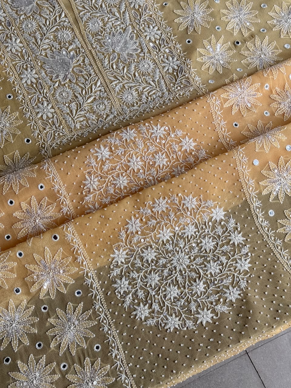 Melon Yellow shade Georgette Mirror Work Chikankari Kurta Dupatta Set