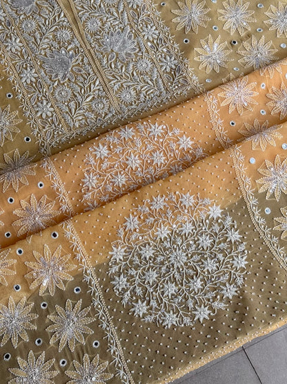 Melon Yellow shade Georgette Mirror Work Chikankari Kurta Dupatta Set