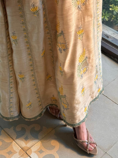 Basak Natural Tussar Silk Kalidar Chikankari Kurta Set