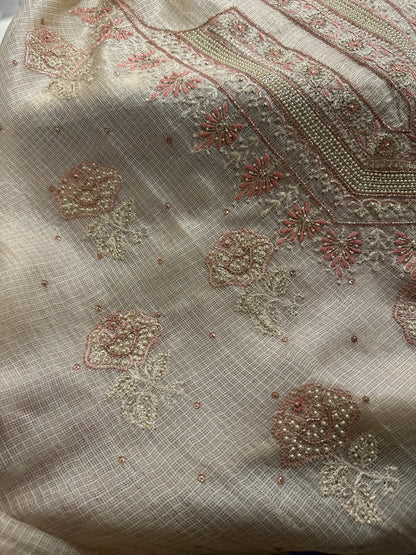 Beige Peach Tissue Kota Chikankari Unstitched Fabric