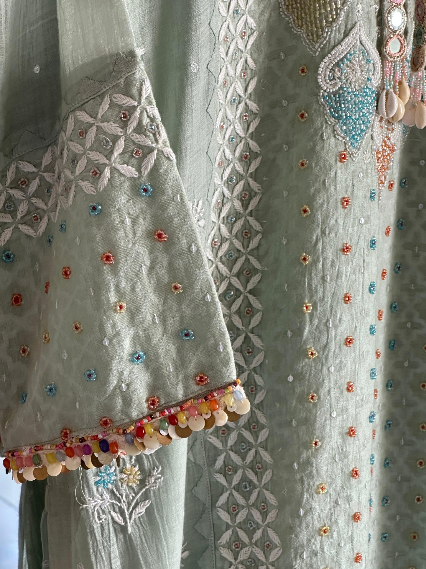 Mint Green Shade Jacquard Sequins Chikankari Kurta Set