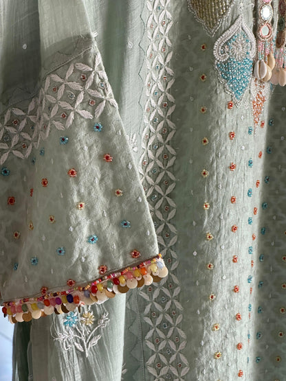 Mint Green Shade Jacquard Sequins Chikankari Kurta Set