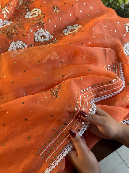 Orange Noor Organza Silk Mukaish Pearl Chikankari Unstitched Fabric