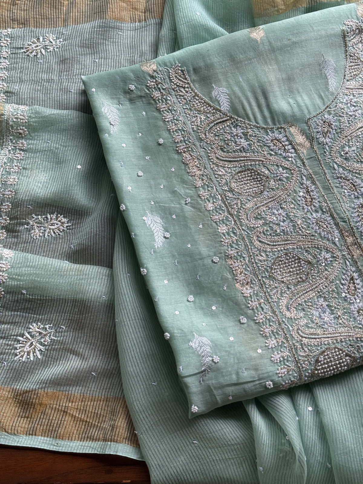 Mint Green Shade Banarasi Zari Chanderi Unstitched Chikankari Fabric