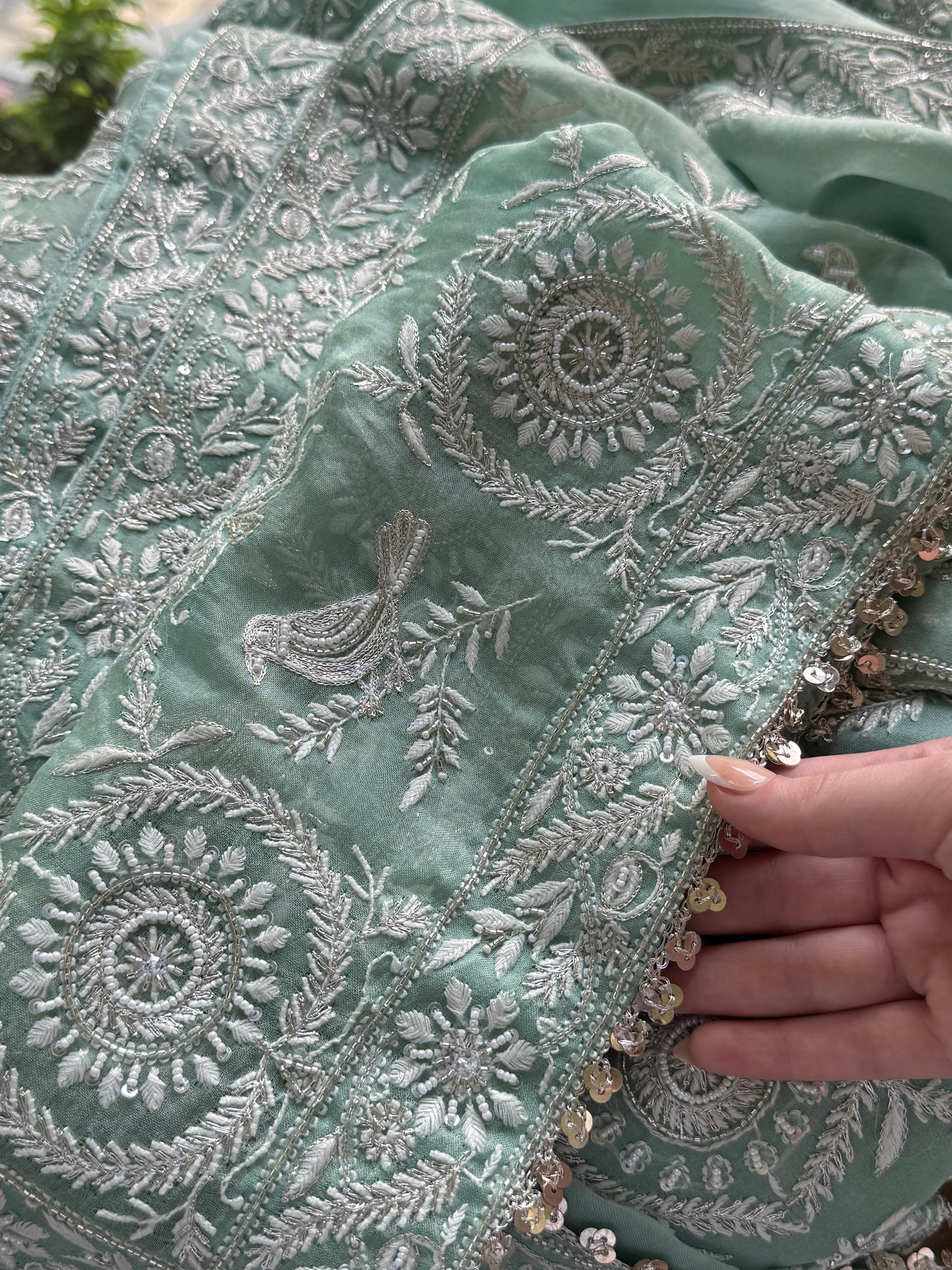 Mint Green Sparrow Motif Noor Organza Chikankari Saree With Blouse