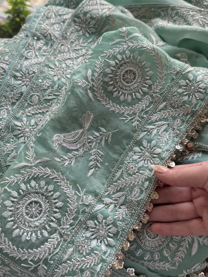 Mint Green Sparrow Motif Noor Organza Chikankari Saree With Blouse