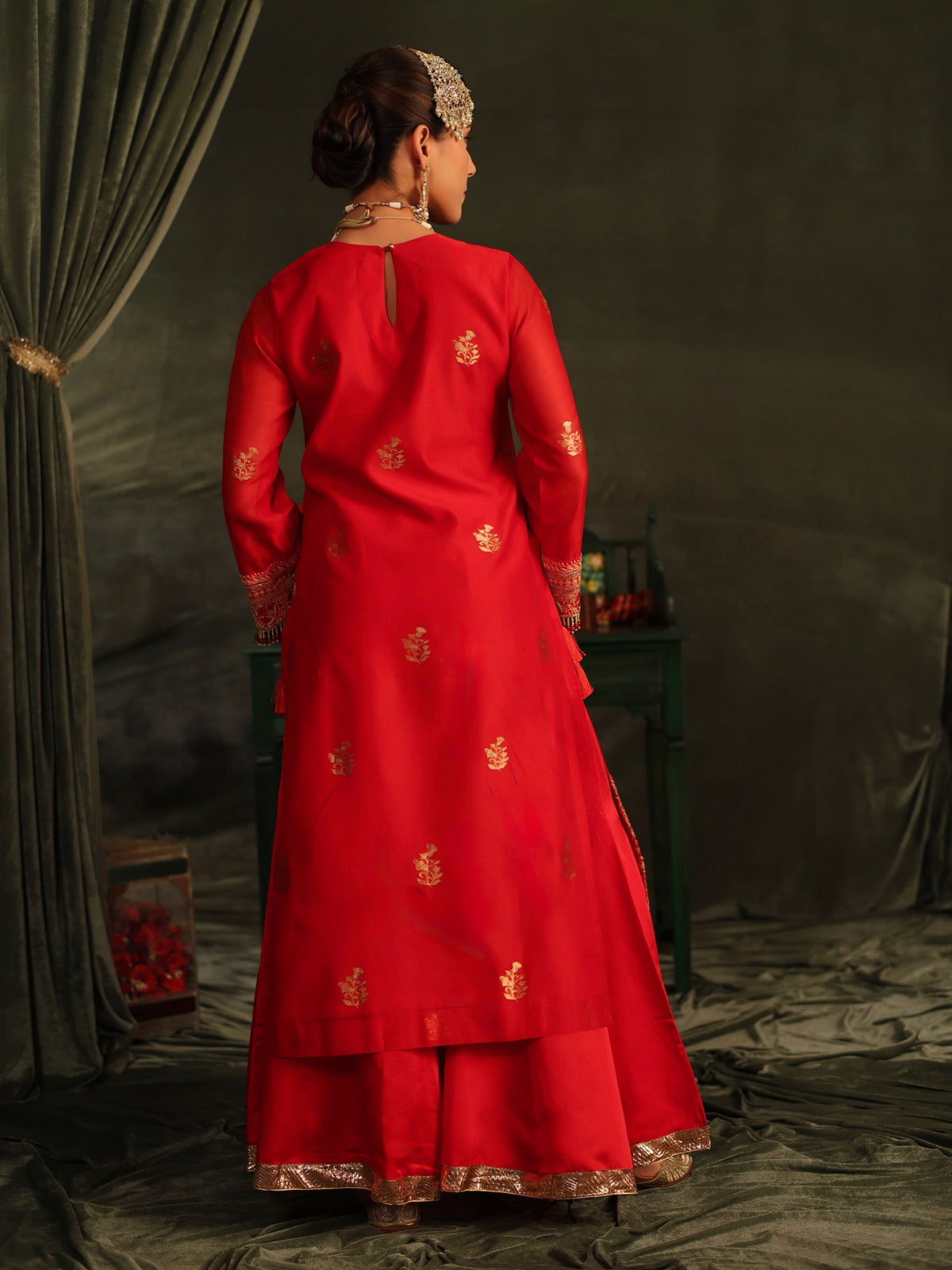 Red Katan Zari Chanderi Chikankari Kurta with Organza Dupatta & Sharara