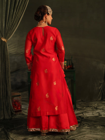 Red Katan Zari Chanderi Chikankari Kurta with Organza Dupatta & Sharara