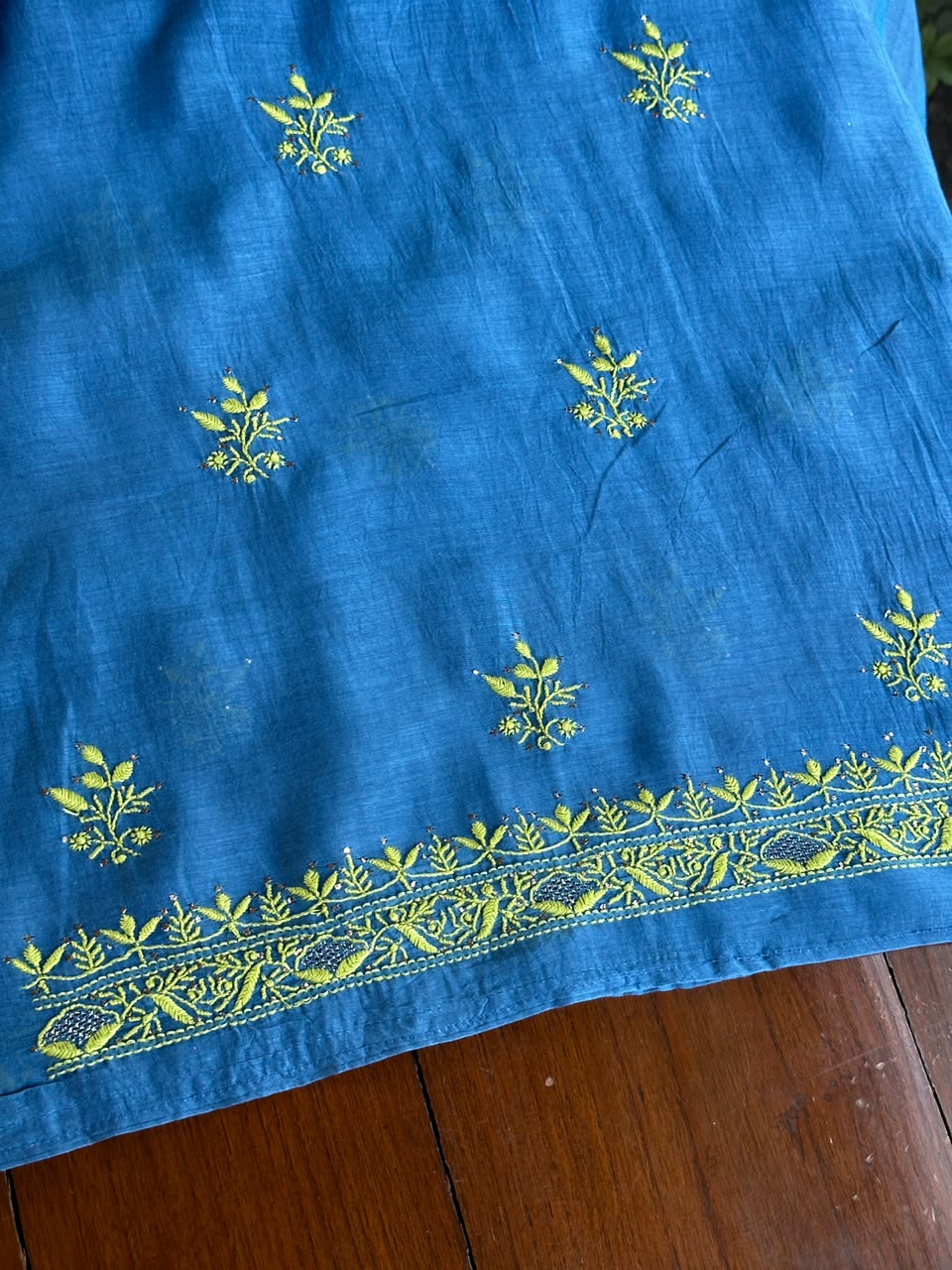 Blue & Green Shade Mal Cotton Chikankari Unstitched Kurta Dupatta Fabric With Mukaish Badla