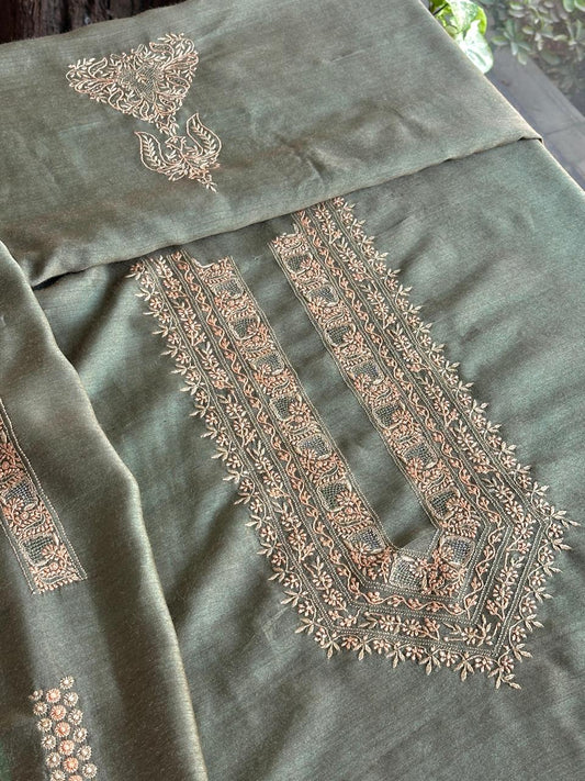 Forest Green Beige Shade Moonga Silk Chikankari Men’s Kurta Fabric