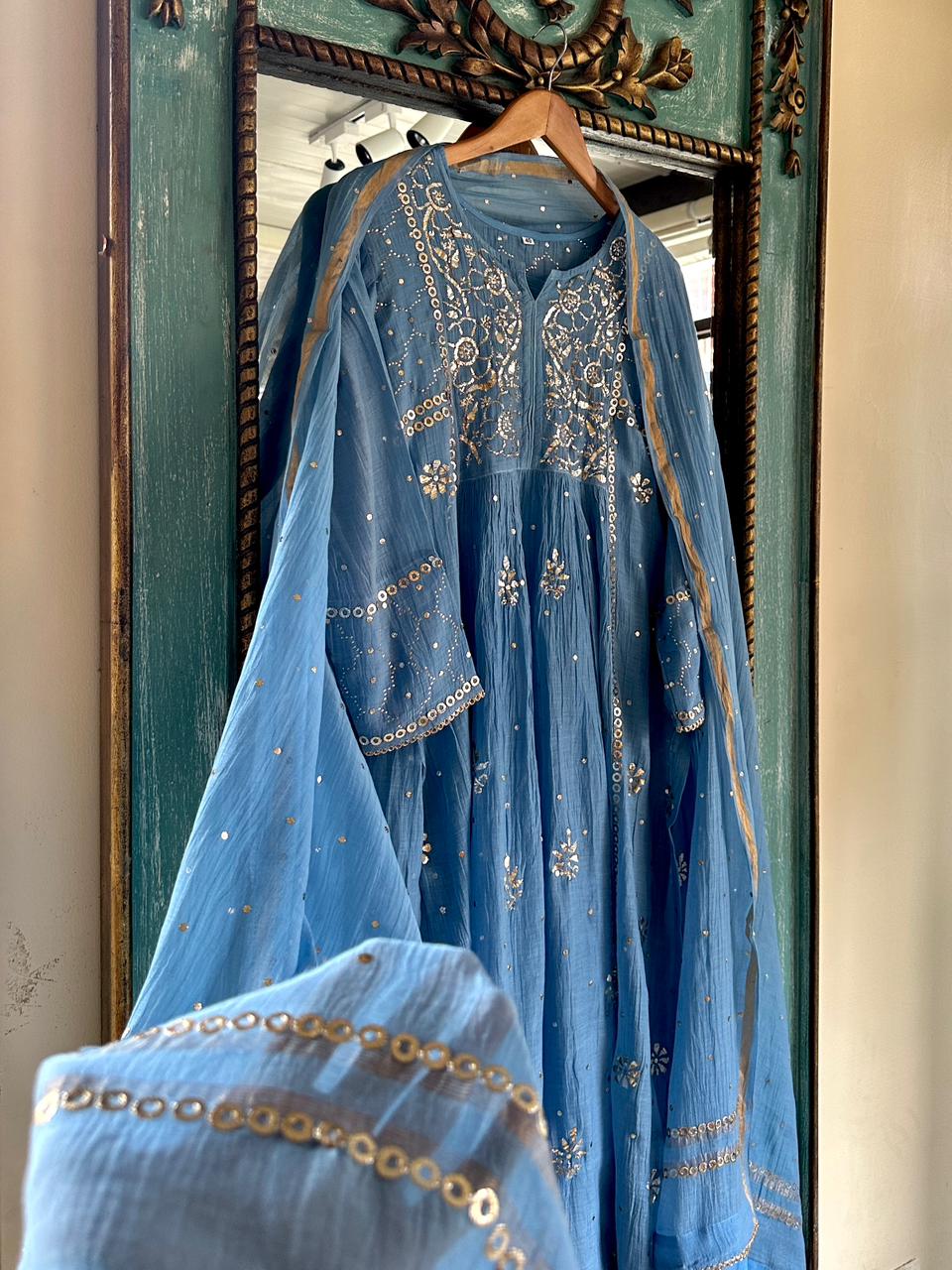 Powder Blue Shade Mukaish Mul Chanderi Silk Dress