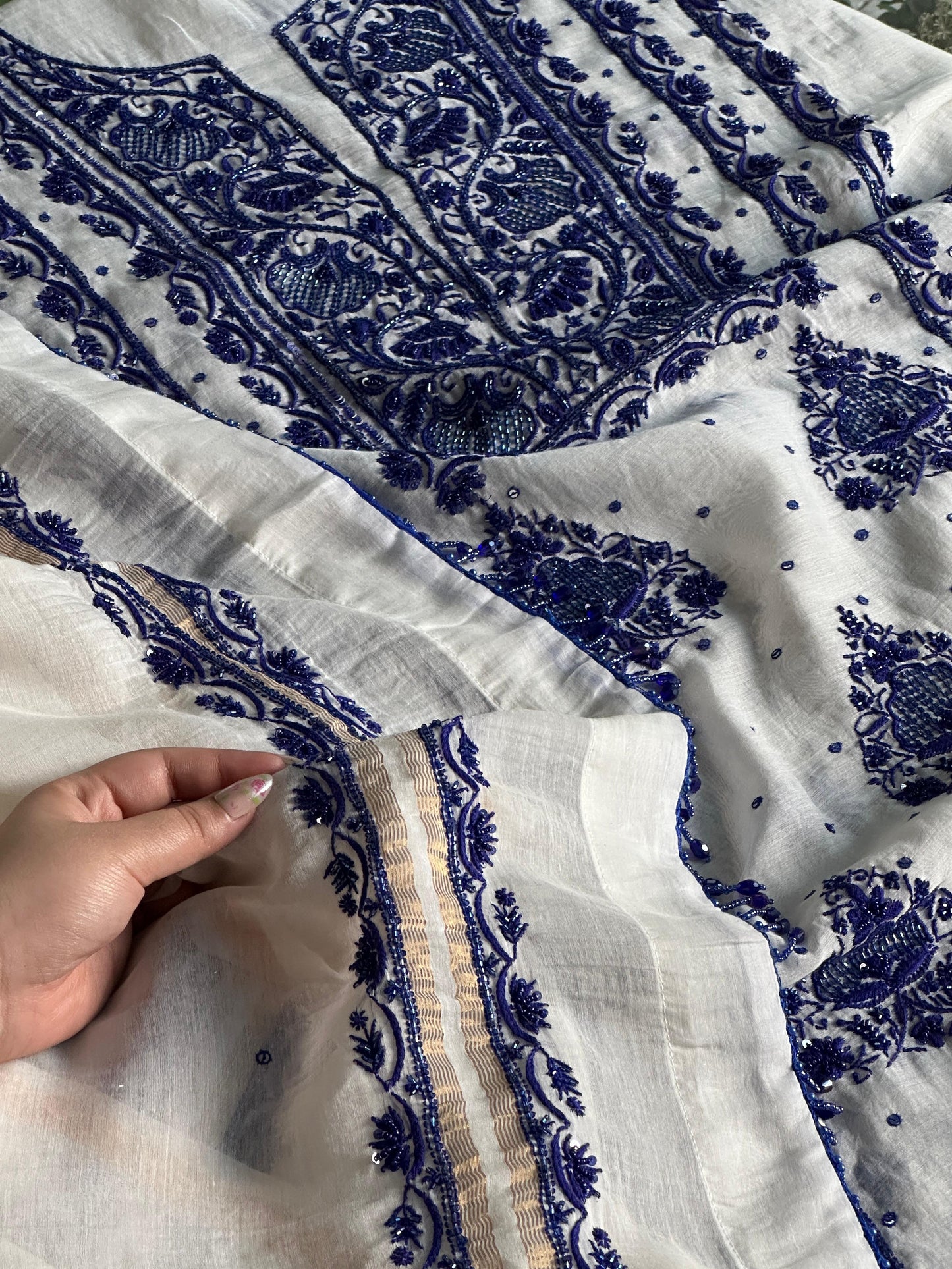 Indigo White Mal Chanderi Silk Chikankari Unstitched Fabric