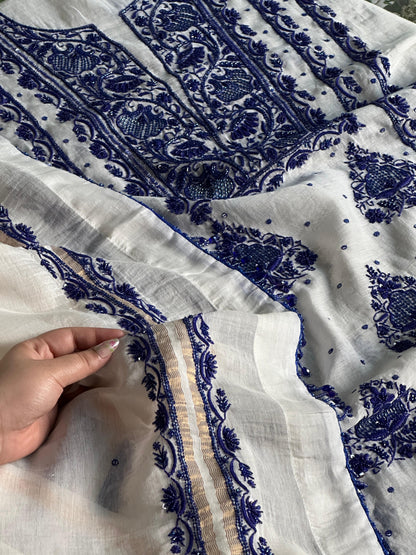 Indigo White Mal Chanderi Silk Chikankari Unstitched Fabric