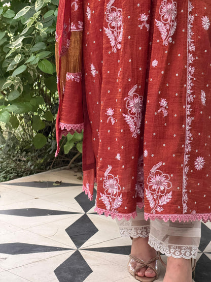 Rust Red Tissue Silk Chikankari Angarkha With Ari & Beads Work