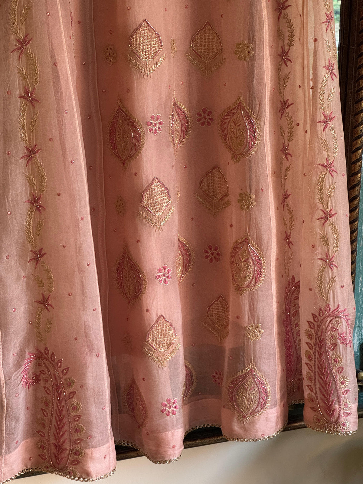 Pearl Peach Shade Noor Organza Chikankari A Line Kurta With Dupatta