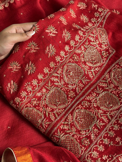 Deep Red Shade Moonga Silk Chikankari Unstitched Fabric