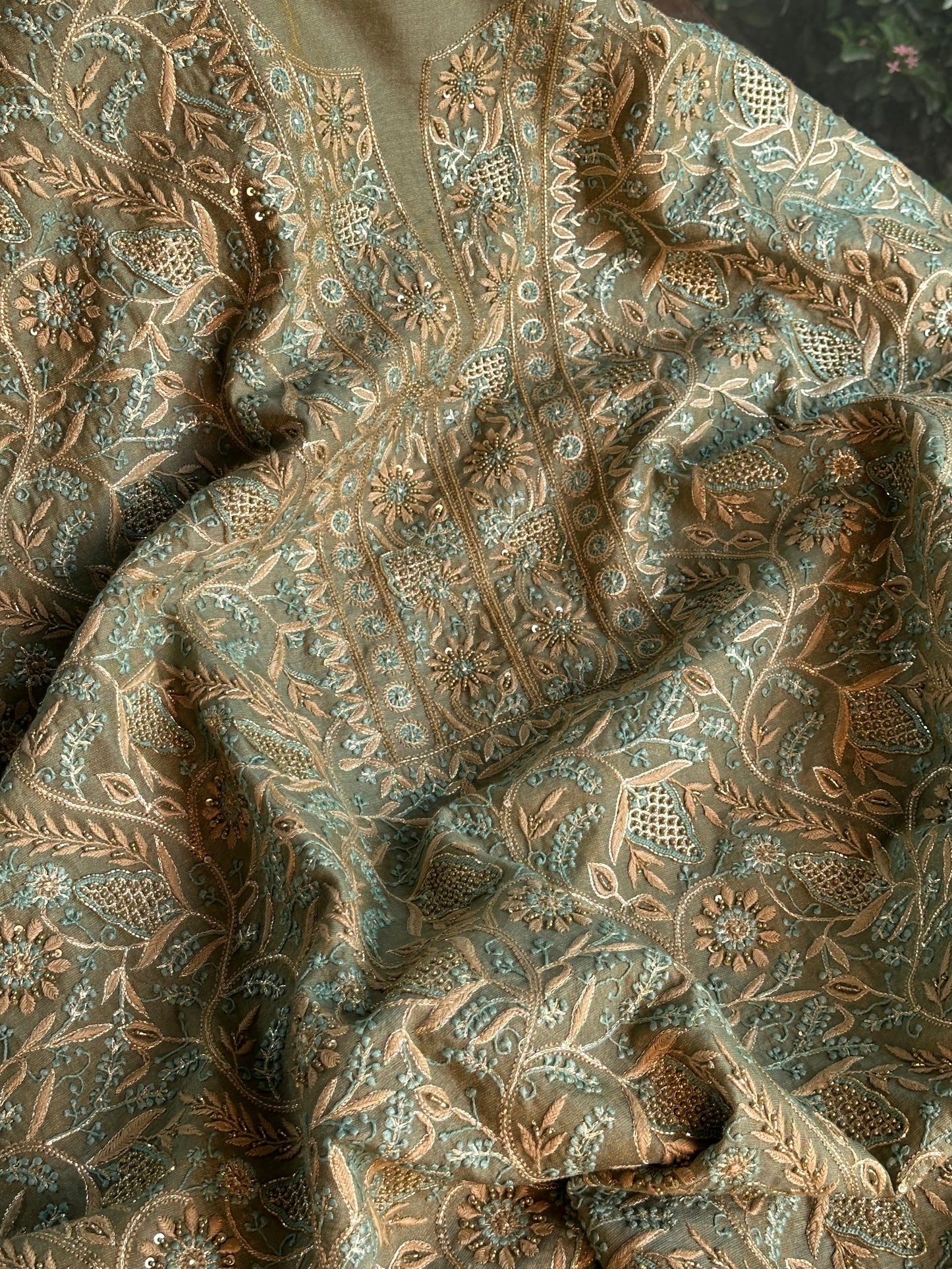 Cement Green Multi Shade Tissue Silk Chikankari Unstitched Fabric