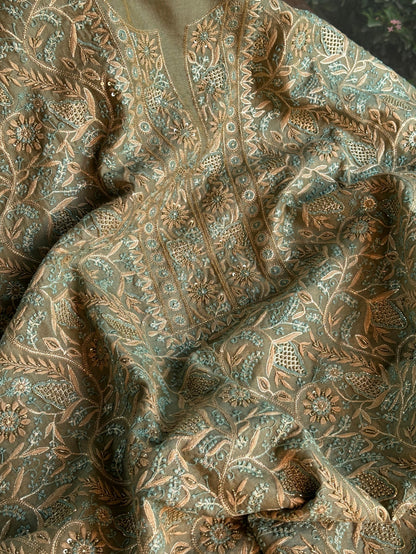 Cement Green Multi Shade Tissue Silk Chikankari Unstitched Fabric