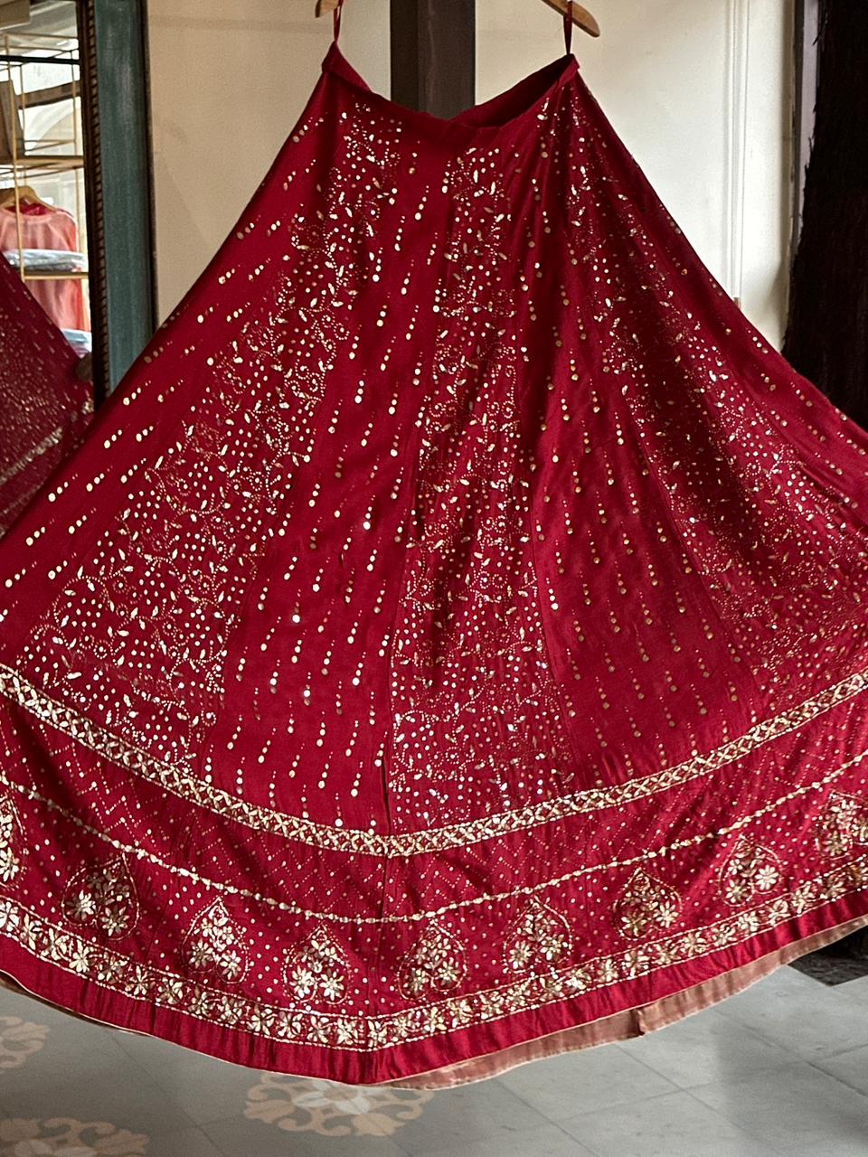 Red Moonga Silk Mukaish Badla Lehenga Set