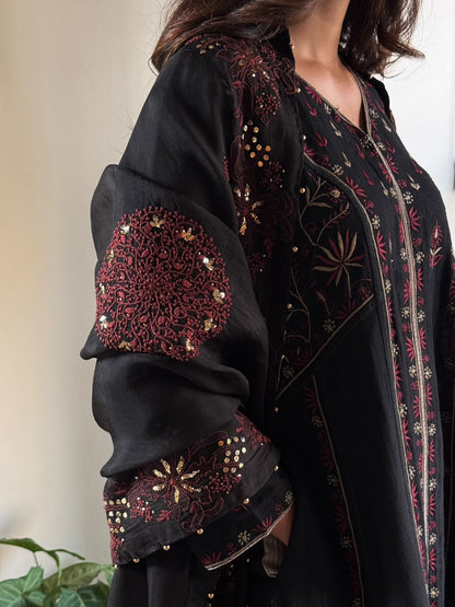 Black & Rust Red Shade Coral Motif Fine Chikankari Organza Mukaish Dupatta