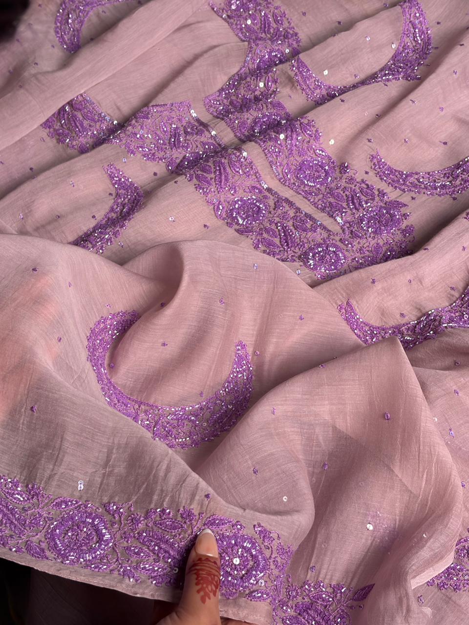 Latte Purple Crescent Chandbala Chikankari Unstitched Fabric