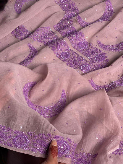 Latte Purple Crescent Chandbala Chikankari Unstitched Fabric