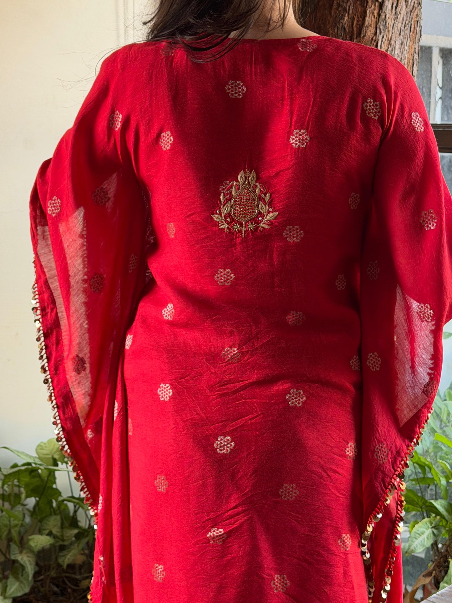 Red Zari Chanderi Chikankari Kaftan