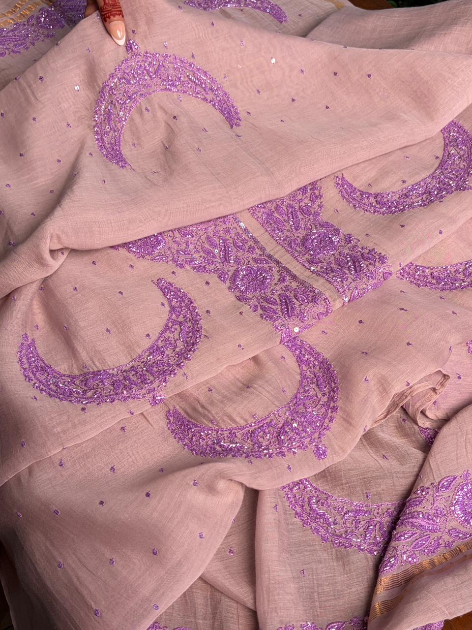 Latte Purple Crescent Chandbala Chikankari Unstitched Fabric