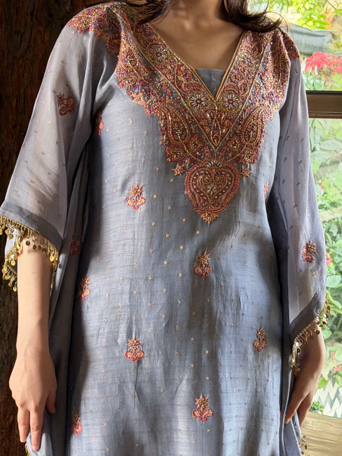 Lavender Zari Chanderi Chikankari Kaftan