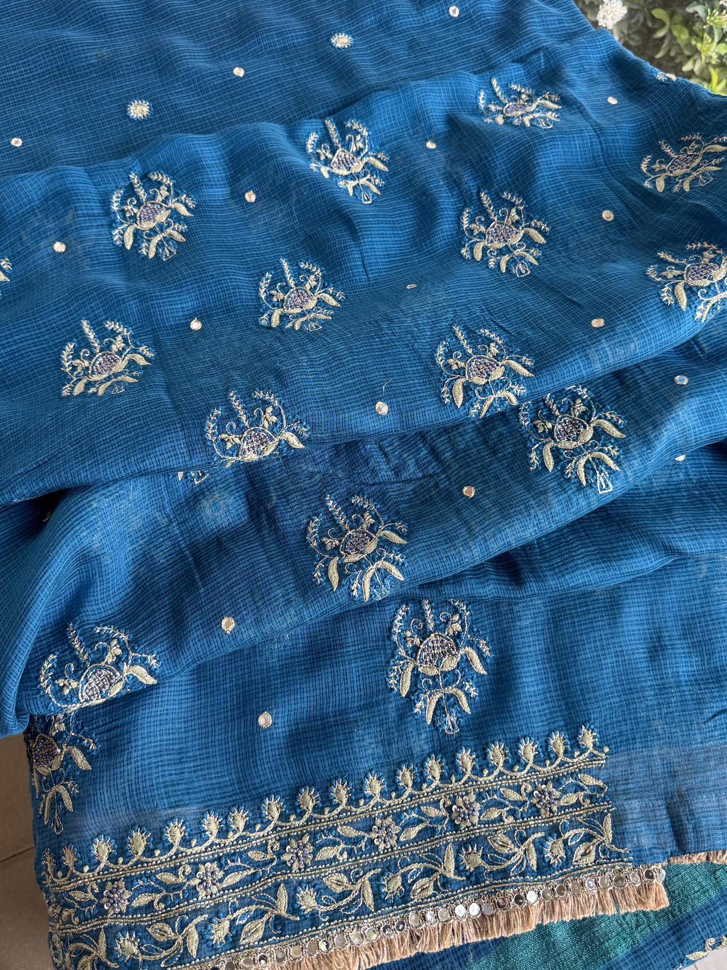 Blue Handloom Kota Chikankari With Mirror Work Unstitched Kurta Dupatta Set