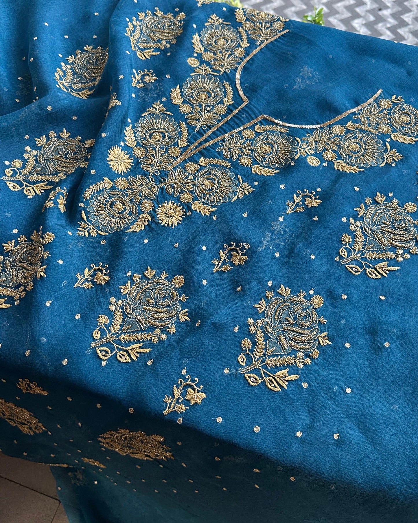 Prussian Blue Noor Organza Silk Chikankari Unstitched Kurta Dupatta Set