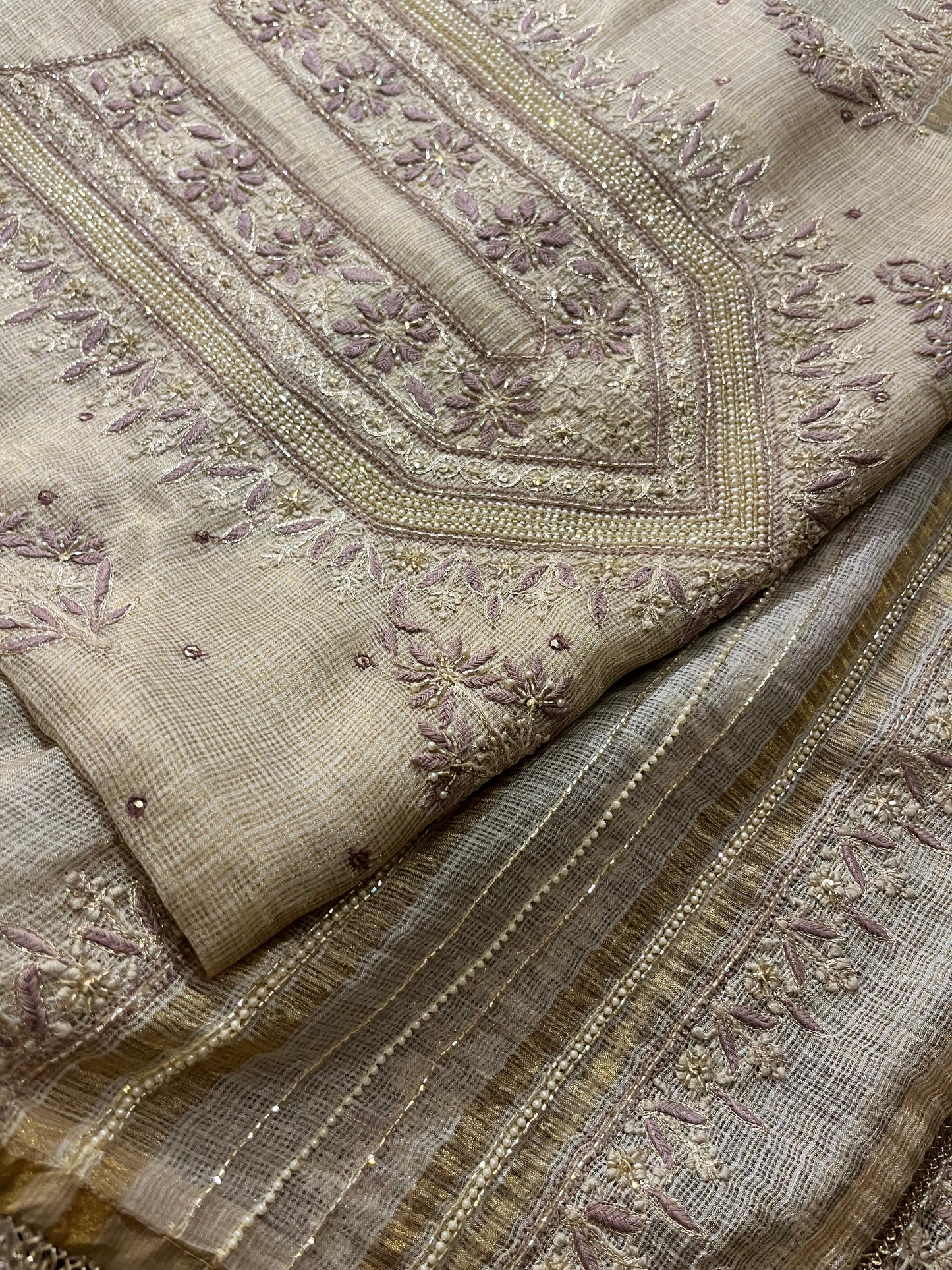 Beige Mauve Tissue Kota Chikankari Unstitched Fabric