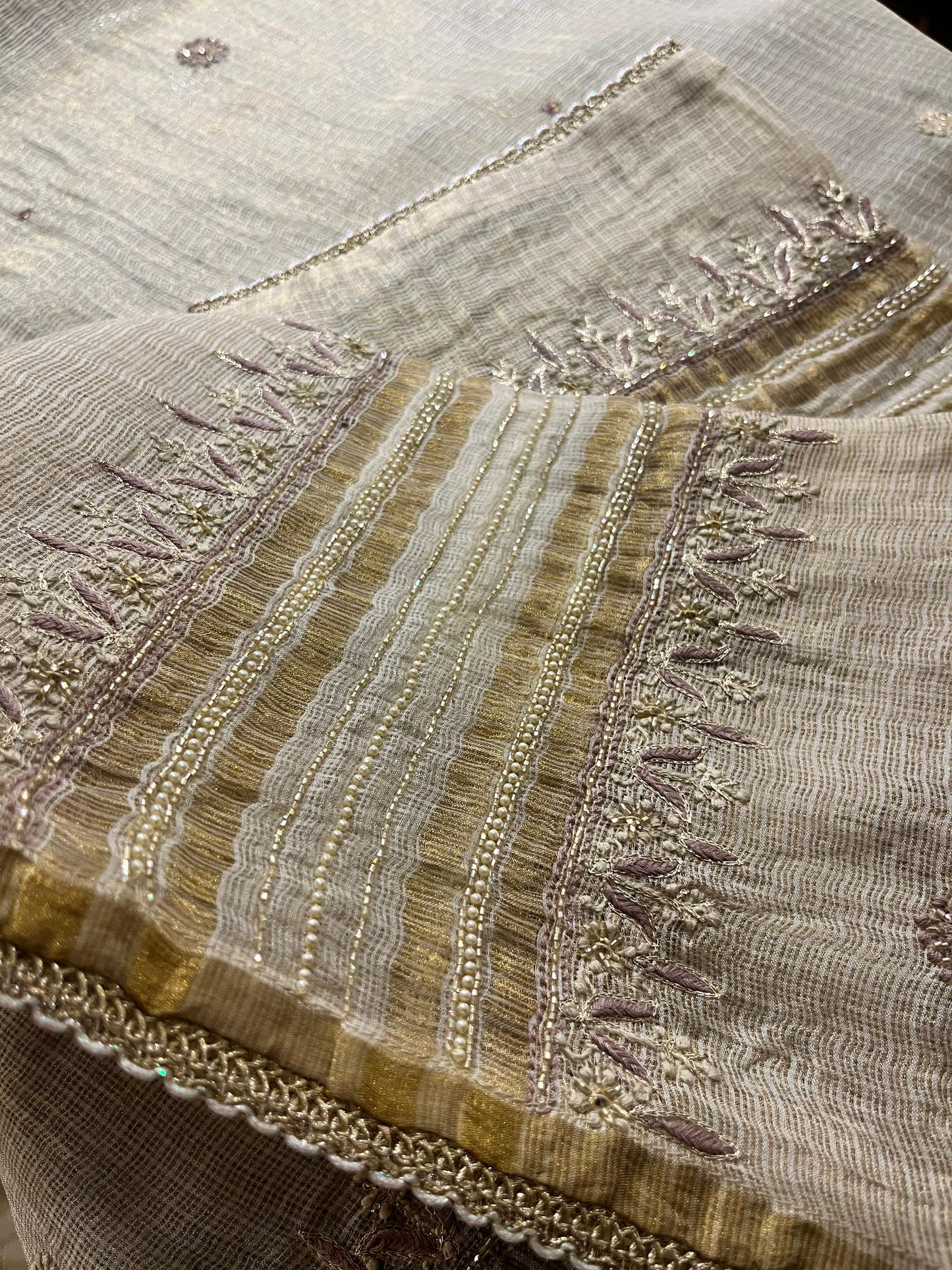 Beige Mauve Tissue Kota Chikankari Unstitched Fabric