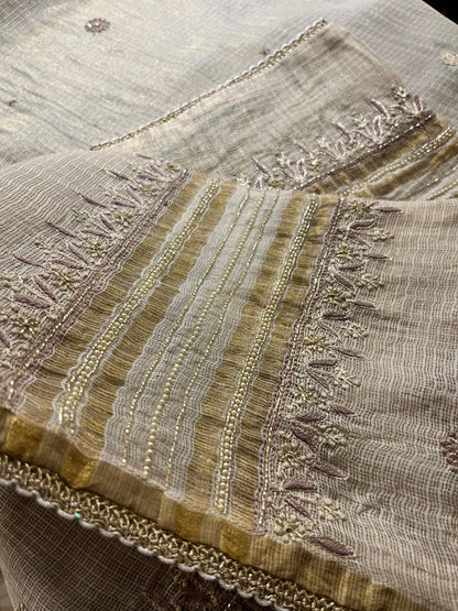Beige Mauve Tissue Kota Chikankari Unstitched Fabric