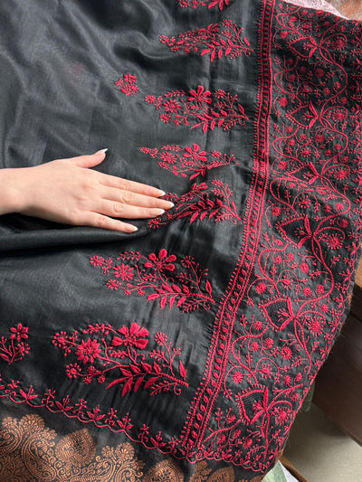 Black & Red Chanderi Saree with Chikankari Embroidery & Banarasi Zari Border