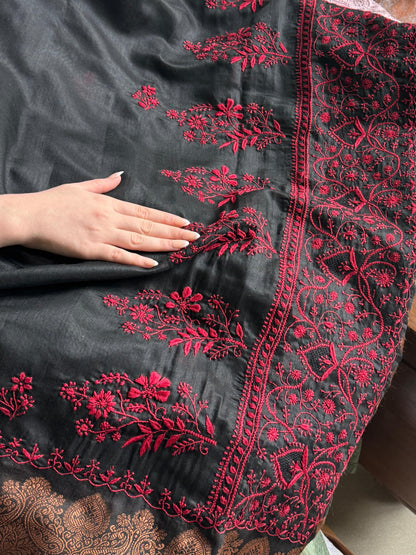 Black & Red Chanderi Saree with Chikankari Embroidery & Banarasi Zari Border
