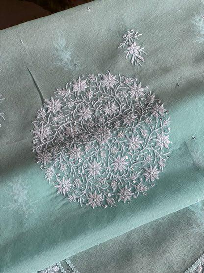 Aqua Green shade Georgette Mirror Work Chikankari Kurta Dupatta Set