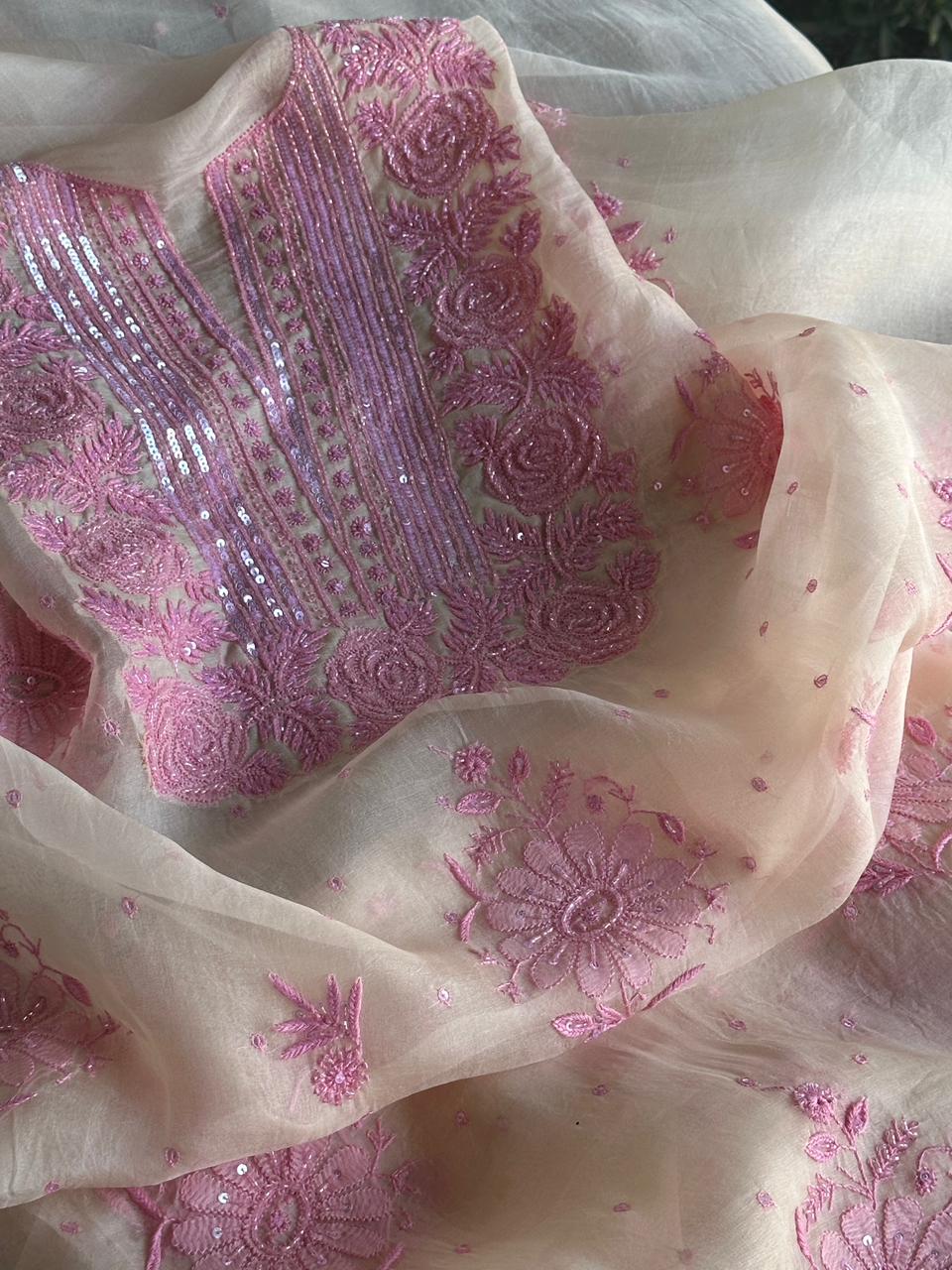 Ivory Shade Noor Organza Silk Chikankari Unstitched Kurta Dupatta Set