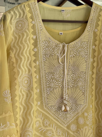 Yellow Shade Malmal Straight Cut Applique Chikankari Pearl & Sequins Kurta Set