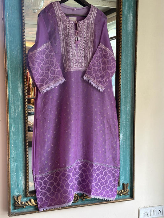 Deep Purple Kosha Mukaish Kamdani Noor Organza Kurta Set
