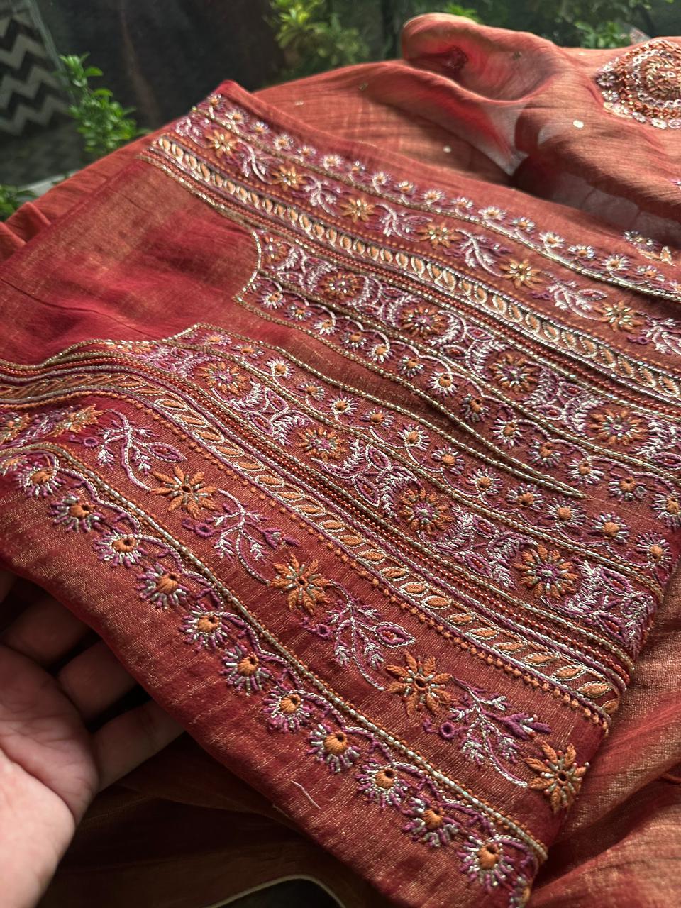 Red Tissue Silk Chikankari Unstitched Fabrics