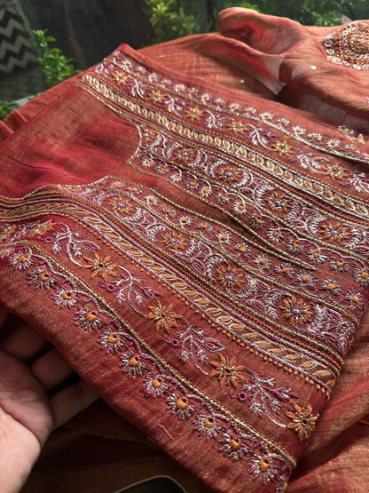 Red Tissue Silk Chikankari Unstitched Fabrics