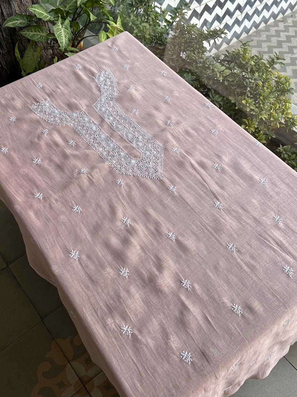 Pastel Peach Mulmul Chikankari Unstitched Men's Kurtas Fabric