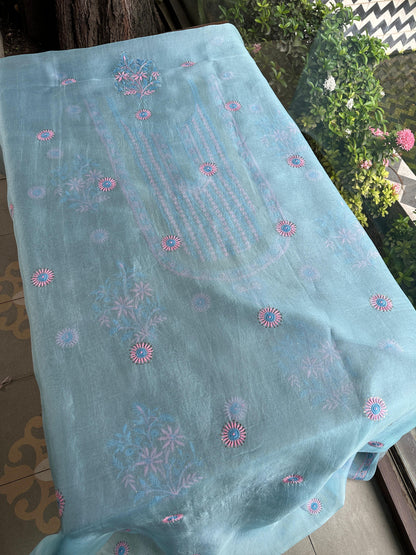 Blue Multi Shade Organza Silk Chikankari Unstitched Fabric