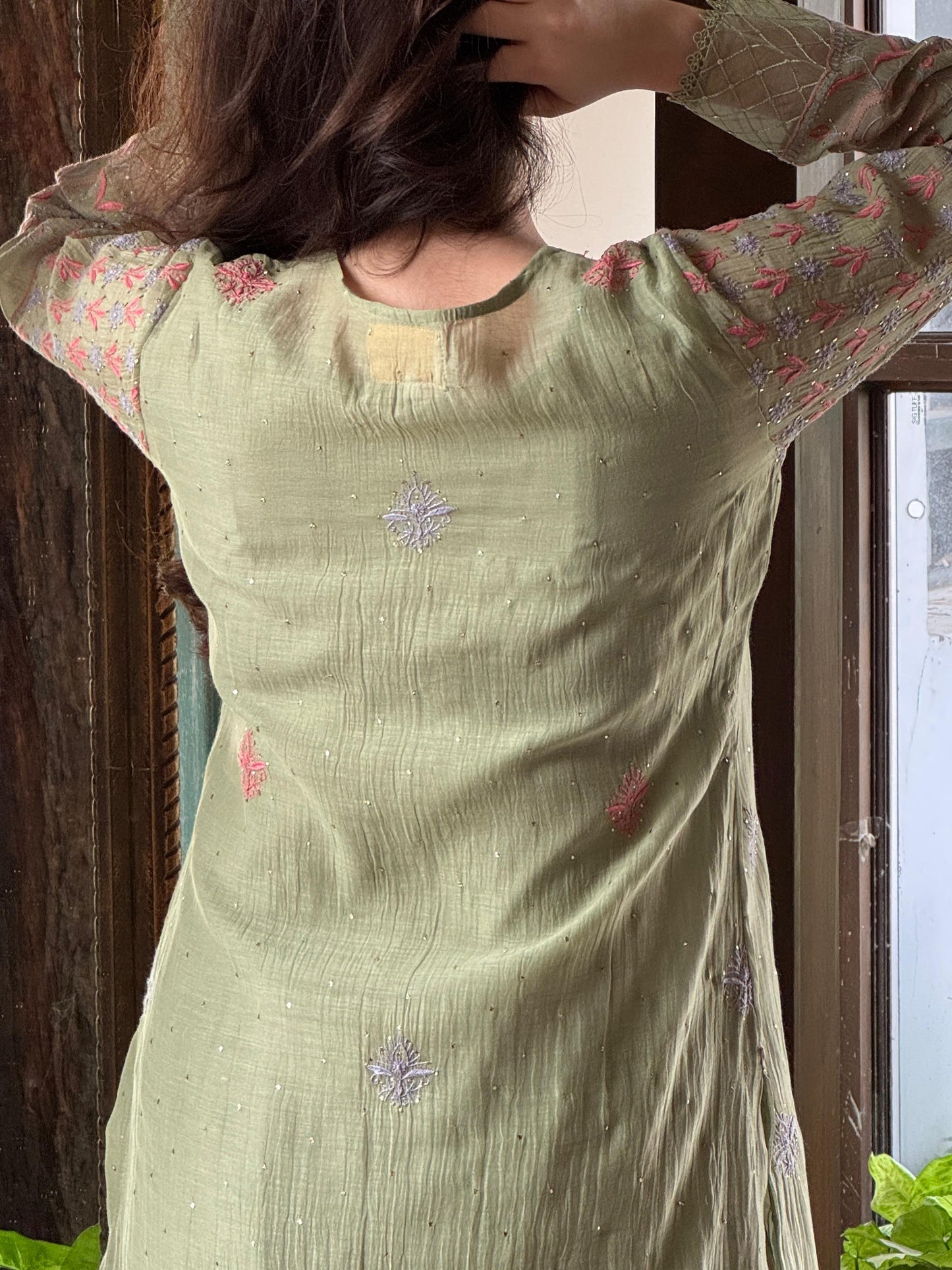 Green Shade Mul Chanderi Chikankari Farshi Sets