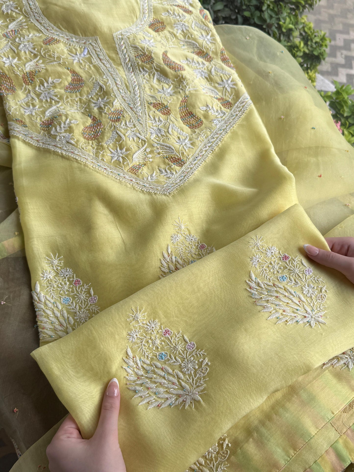 Butter Yellow Mul Chikankari Unstitched Kurta Set