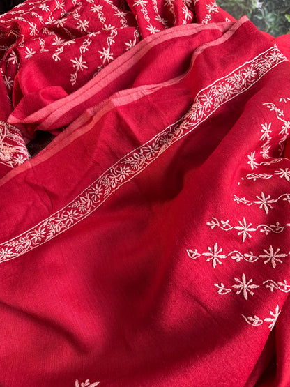 Red Moonga Silk Chikankari Men’s Kurta Fabrics