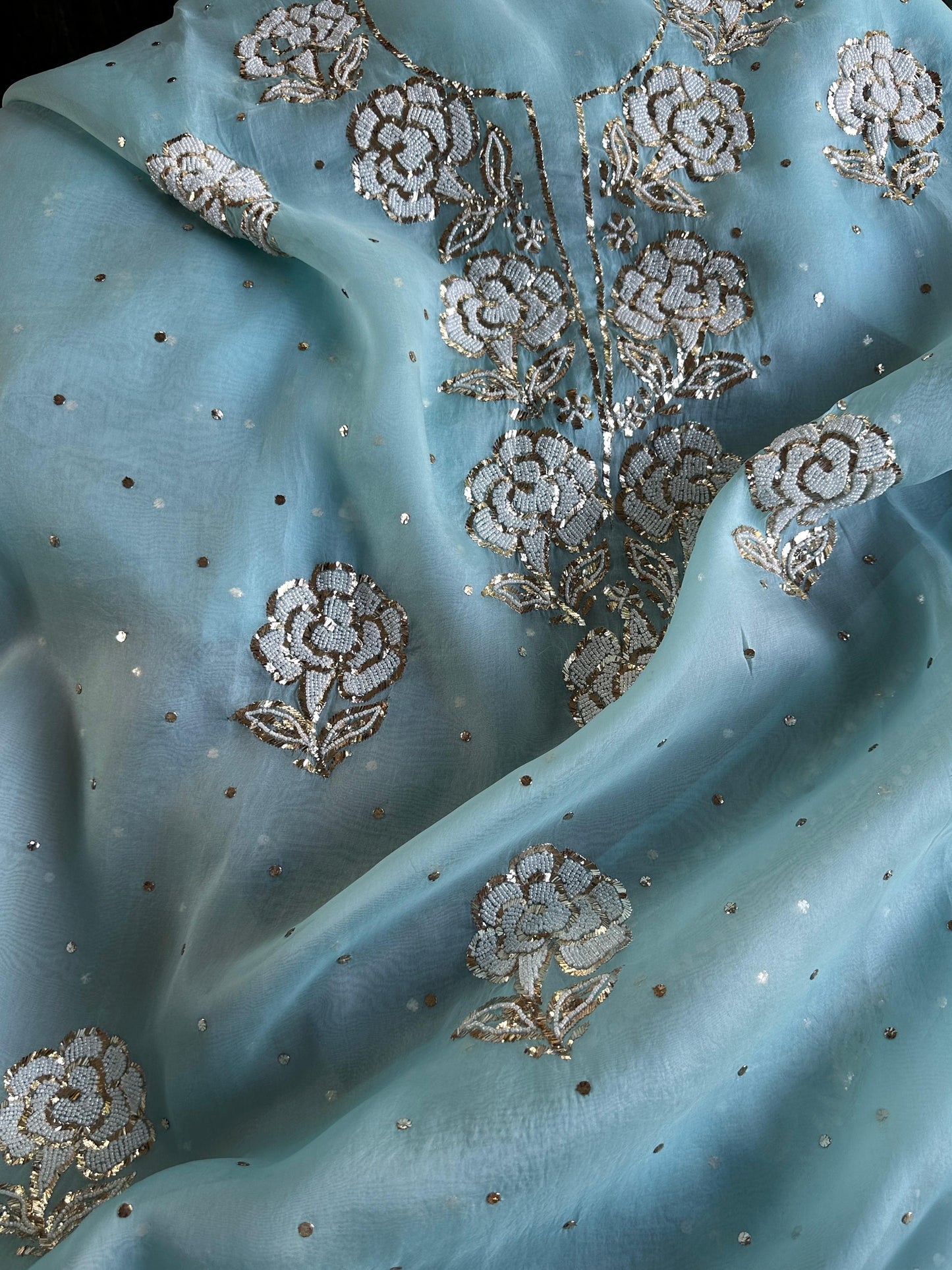 Blue Noor Organza Silk Mukaish Pearl Chikankari Unstitched Fabric